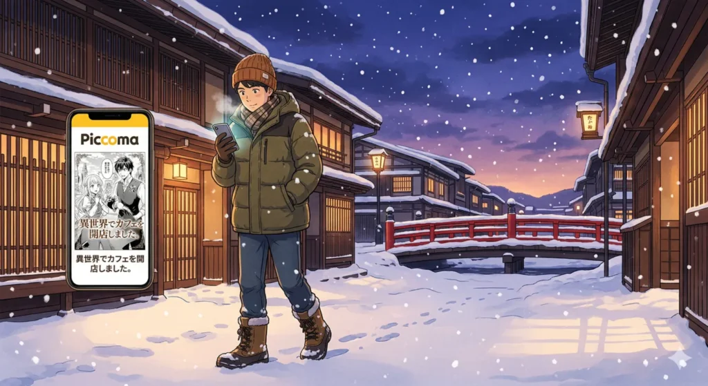 雪が降り積もる高山の伝統的な町並みで、執筆者のTANOSHIYAが厚手のダウンジャケットやスノーブーツ、スマホ対応手袋などの完全な防寒着に身を包み、スマホを見ながら慎重に歩いているシーンの温かいアニメイラスト。背景には雪の中橋が見える。