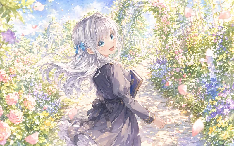 花が咲き誇る庭園の小道で、銀髪の少女が本を抱えて振り返り、舞い散る花びらの中で明るく微笑んでいる。