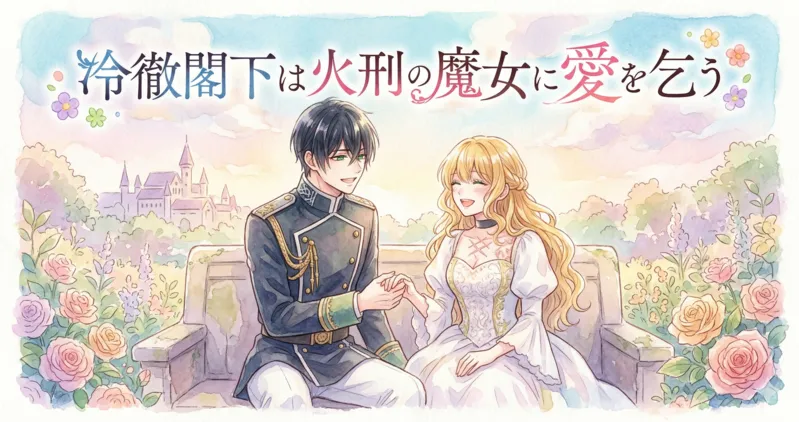 美しいパステル調の水彩画で描かれた横長のアイキャッチイラスト。中央上部には「冷徹閣下は火刑の魔女に愛を乞う」というタイトルが優しいフォントで入っています。 手前には、原作を忠実に再現した黒髪の男性（冷徹閣下）と、胸元に傷跡のある金髪の女性（火刑の魔女）が仲睦まじくベンチに座り、手を取り合っています。 二人は優しく明るい笑顔を浮かべており、背景には爽やかで前向きな印象のバラ園とお城が広がっています。