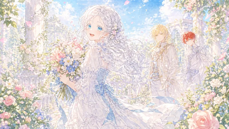 大きなパステルカラーの花束を抱えた銀髪の少女が、振り返りながら歩いているシーン。背景の陽光が降り注ぐ庭園では、金髪と赤髪の二人の青年が彼女の後ろを歩いている。