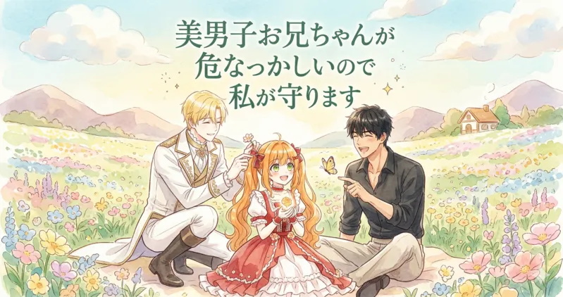 水彩画風のスタイルで描かれた、ファンタジー小説やアニメのシーンを思わせる、温かく幸せな瞬間を捉えた横長のイラストです。画面中央上部には、緑色の文字で日本語のタイトル「美男子お兄ちゃんが危なっかしいので私が守ります」と書かれています。 その下、色とりどりの花が咲き乱れる広大な草原に、3人の人物が仲睦まじく座っています。 左側には、金髪で白いファンタジー風の貴族の衣装を着た若い男性が座り、隣の少女の髪に優しく小さな花を飾っています。彼は微笑んでおり、右手に花を持っています。 中央には、ツインテールに結んだオレンジ色の髪の少女が、赤と白のフリル付きドレスを着て座っています。彼女は両手で輝く宝石（クリスタル）を大切そうに持ち、明るく笑って正面を見ています。 右側には、黒髪で黒いシャツとズボンを着た陽気な男性が座り、少女と飛び交う蝶を指さして楽しそうに笑っています。 彼らの背景には、柔らかな山並みと青空に浮かぶ白い雲、そして遠くに煙突のある小さな家が見えます。草原はピンク、黄色、青、紫の花々で満たされ、足元まで広がっています。全体的に柔らかく温かみのあるパステルカラーで描かれ、平和で幸せな雰囲気が漂っています。