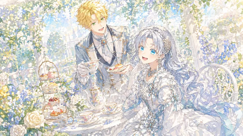 花が咲き乱れる東屋でティータイムを楽しむ二人の様子。
テーブルには豪華なティーセットと色とりどりのマカロンやケーキが並んでいます。椅子に座ってティーカップを手にする銀髪の少女と、その隣で楽しげにスイーツを勧める金髪の少年の姿があり、穏やかで幸せな日常のひとときを切り取ったような構図です。