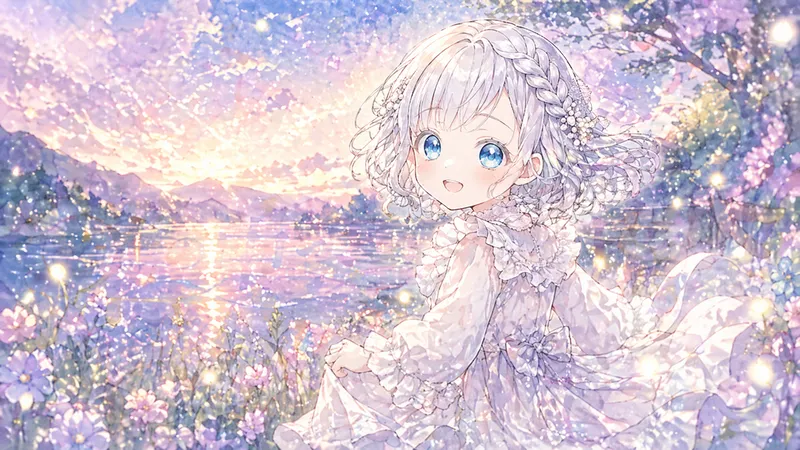 白いフリルのドレスを着た銀髪の少女が、夕焼けに染まる湖畔の花畑に座っている。桜のような花々と光の粒が舞い、遠くの山と水面が淡い紫や桃色に輝いている。