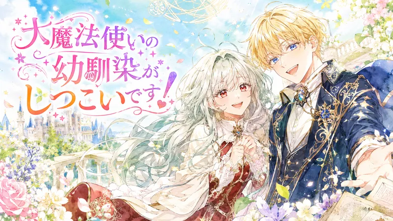 水彩画タッチの横長アイキャッチイラスト。明るい青空と淡い花々、白い城や魔法陣が見える爽やかなパステル背景の中、長い銀色の髪と赤い瞳の少女が、赤と白を基調にした上品なファンタジー衣装で優しく微笑んでいる。隣には金髪碧眼の青年が、金の装飾が入った濃紺の華やかな衣装をまとい、明るい笑顔で手を差し伸べている。画面左にはピンクやオレンジの装飾文字で「大魔法使いの幼馴染がしつこいです！」というタイトルが大きく配置され、花びらや光の粒が舞う前向きでロマンチックな雰囲気の作品。