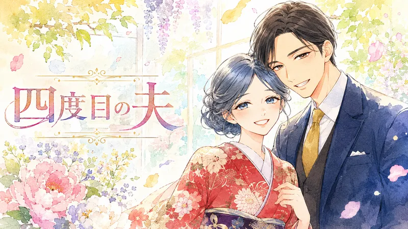 淡い水彩タッチの横長イラスト。明るい庭園のような背景に花や葉、やわらかな光が広がり、赤い花柄の着物を着た青みがかった黒髪の女性と、紺色のスーツを着た黒髪の男性が寄り添って笑顔を浮かべている。左側にはタイトル「四度目の夫」が大きく配置され、全体に爽やかで前向きな恋愛作品らしい雰囲気がある。