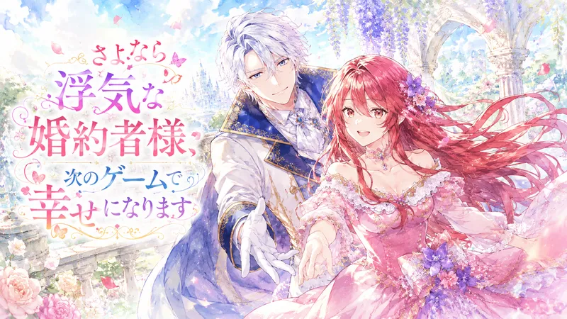 白銀の髪と青い瞳を持つ上品な青年と、長い赤髪にピンクのドレスをまとった女性が、明るいパステル調の庭園テラスで優しく微笑んでいる横長の水彩風イラスト。花びらや光が舞う爽やかな背景の中、左側には『さよなら浮気な婚約者様、次のゲームで幸せになります』というタイトル文字が大きく配置され、前向きでロマンチックな雰囲気を演出している。