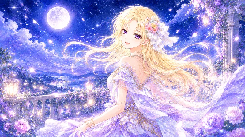 月明かりに照らされた夜の花園テラスで、金髪の女性が淡いラベンダー色のドレスをなびかせながら振り返り、優しく微笑んでいる水彩画風の横長イラスト。深い青紫の夜空には大きな満月と星が輝き、周囲にはランタンの温かな光、花々、舞い散る花びら、きらめく光の粒が広がっている。幻想的でロマンチックながら、明るく前向きな雰囲気のアイキャッチ画像。