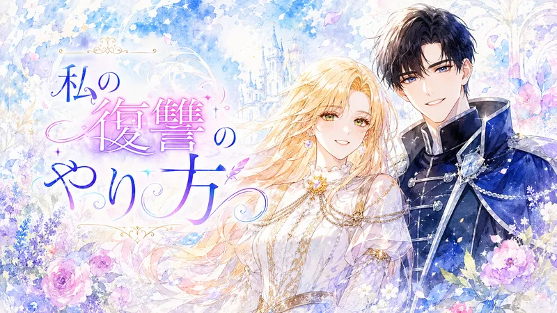 金髪の女性と黒髪の男性が、明るいパステル調の空と花々を背景に並んで優しく微笑む、水彩画タッチの横長アイキャッチイラスト。女性は白と金の華やかなドレスをまとい、男性は濃紺の礼服を着ている。左側にはタイトル「私の復讐のやり方」が大きく配置され、全体に爽やかで前向きな雰囲気が漂っている。