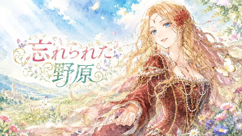 「忘れられた野原」というタイトルが左側に大きく入った、16:9横長の水彩風アイキャッチイラスト。明るい青空と淡い花畑を背景に、金髪の長い髪をなびかせた青い瞳の女性が、赤い薔薇の髪飾りと宝石の装飾、深紅の華やかなドレスを身にまとい、優しく明るい笑顔を浮かべている。周囲には蝶や花びらが舞い、パステル調の色合いで爽やかで前向きな雰囲気に仕上がっている。