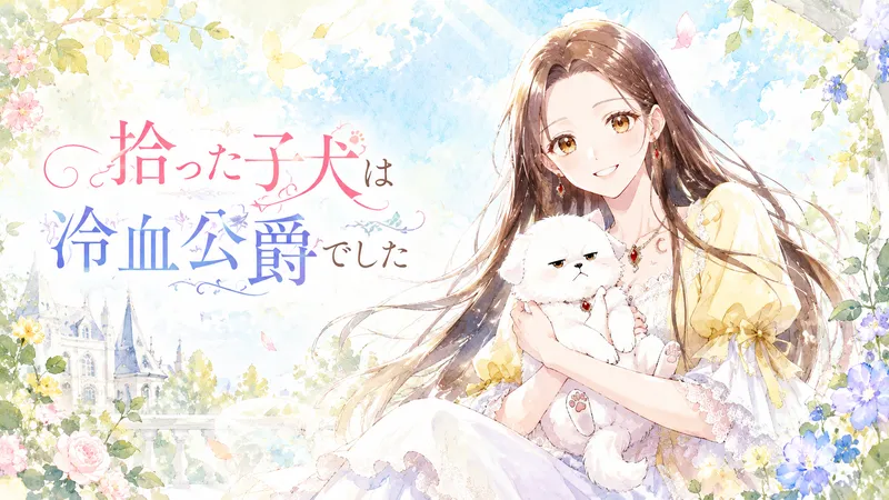 淡いパステルカラーの水彩画タッチで描かれた横長のアイキャッチイラスト。右側には、長い茶髪と琥珀色の瞳を持つ若い女性が、白いレース付きの淡い黄色のドレスを着て、ふわふわの白い子犬を優しく抱きしめながら明るく微笑んでいる。子犬は小さな赤い首飾りをつけ、少し不機嫌そうな表情をしている。背景には青空、光、花や葉、遠くの洋館が柔らかく描かれ、爽やかで前向きな雰囲気。左側には装飾的な文字で「拾った子犬は冷血公爵でした」というタイトルが大きく配置されている。