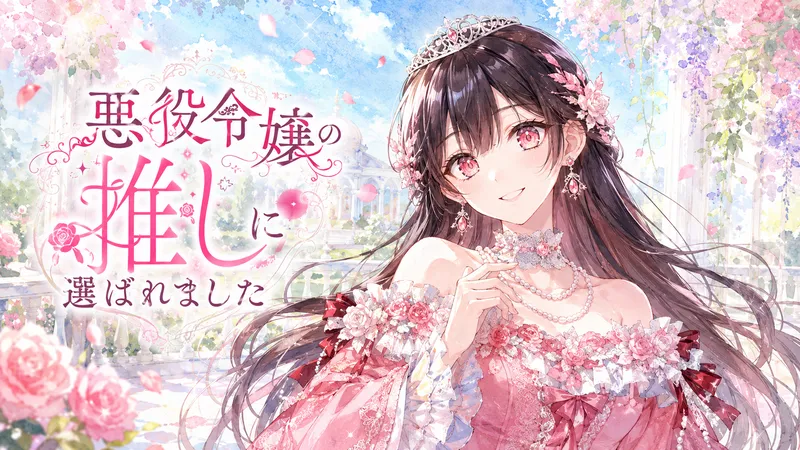 淡い青空と花々が広がる明るい庭園を背景に、長い黒髪とピンク色の瞳を持つ令嬢が優しく微笑んでいる。銀のティアラやパールのアクセサリー、薔薇の飾りがついたピンクのオフショルダードレスをまとい、爽やかで前向きな雰囲気の水彩タッチで描かれている。左側には装飾的な文字でタイトル「悪役令嬢の推しに選ばれました」が配置されている。