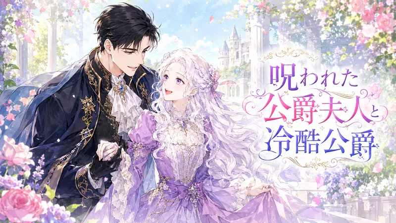白銀の長いウェーブヘアに花飾りをつけた公爵夫人と、黒髪で金刺繍の入った濃紺の礼装をまとった公爵が、明るい春の庭園で手を取り合い微笑んでいる。背景には花々、舞い散る花びら、淡い青空、遠くの宮殿が水彩画タッチで描かれ、右側にはタイトル「呪われた公爵夫人と冷酷公爵」が大きく配置されている。全体はパステル調で爽やかで前向きな雰囲気の横長アイキャッチイラスト。