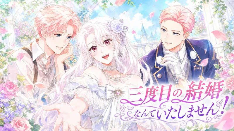 白銀の長い髪にラベンダー色の花飾りをつけたヒロインが、白いオフショルダーのドレス姿で明るく微笑み、手を差し出している。左右には淡いピンク髪の男性が寄り添い、片方は優しく頬杖をつき、もう片方は紺色の礼服と白手袋で穏やかに見守っている。背景には青空と花に囲まれたパステル調の庭園テラスが広がり、舞い散る花びらと水彩画風の柔らかな色合いが、爽やかで前向きなロマンスの雰囲気を演出している。画面右下にはピンクから紫の装飾的な文字で「三度目の結婚なんていたしません！」というタイトルが大きく入っている。