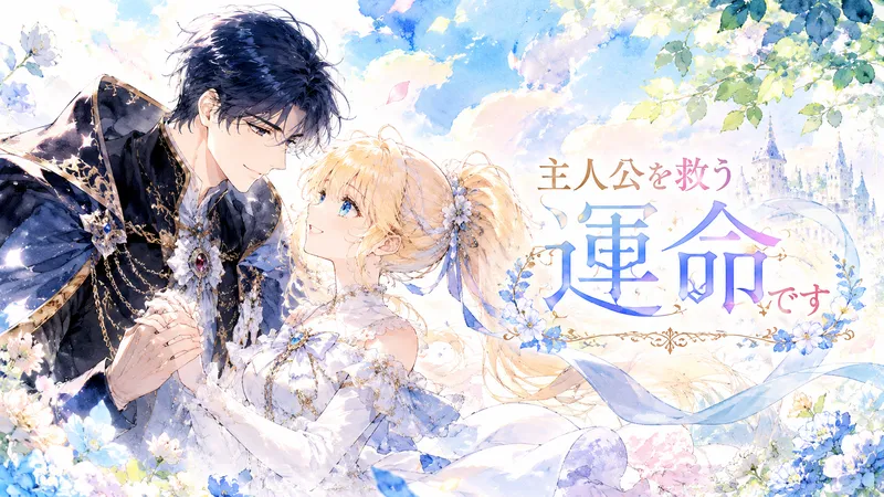 水彩画タッチの横長アイキャッチイラスト。明るい青空と淡い花々に囲まれた幻想的な庭園を背景に、黒髪で高貴な雰囲気の男性と、金髪のポニーテールに白いドレスをまとった女性が手を取り合い、優しく明るい笑顔で見つめ合っている。全体はパステルカラーで爽やかにまとめられ、右側にはタイトル「主人公を救う運命です」が大きく装飾的に配置されている。