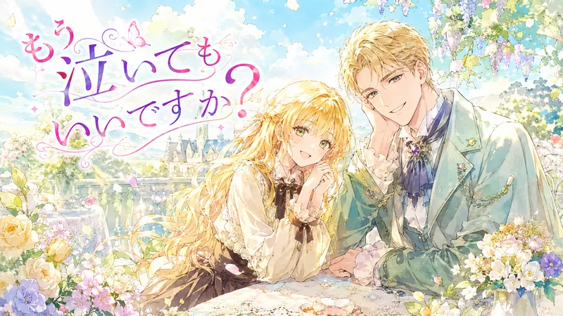 明るい青空と花々に囲まれたガーデンテラスで、長い金髪の女性と金髪の青年が優しく微笑みながら寄り添っている。淡いパステルカラーと水彩画タッチで描かれ、爽やかで前向きな雰囲気の中に、タイトル「もう泣いてもいいですか?」が大きく装飾的に配置されている。