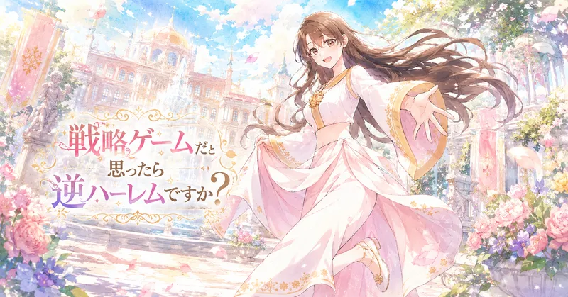 白と淡いピンクの衣装をまとった若い女性が、広々とした宮殿の中庭で軽やかに舞うようなポーズを取り、明るい笑顔で手を差し伸べている。長いブラウンの髪と袖が風に流れ、背景には噴水、宮殿、花壇、舞い散る花びらがパステル調の水彩タッチで描かれている。左側にはタイトル「戦略ゲームだと思ったら逆ハーレムですか?」が装飾的に入っており、華やかで前向きな印象の横長イラスト。