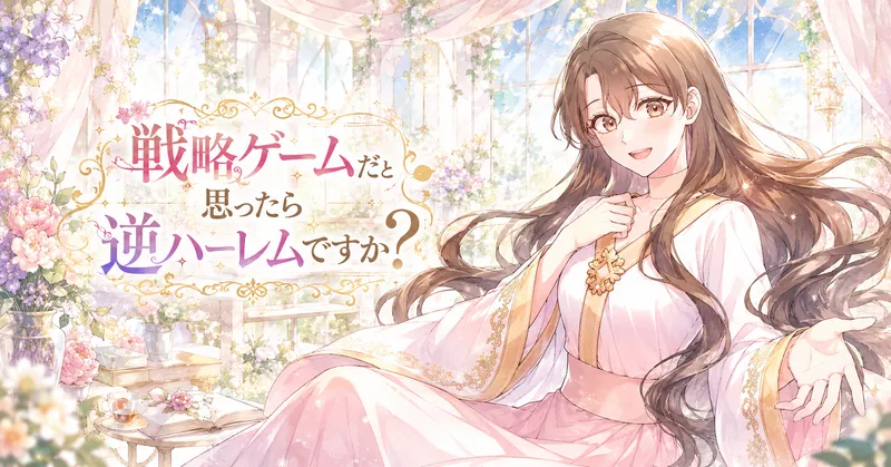 長いブラウンの髪の若い女性が、花と光に満ちた明るい温室風の室内で、胸元に手を添えながら穏やかに微笑んでいる。白と淡いピンクの衣装には金色の縁取りや胸元の装飾があり、背景には大きな窓、透けるカーテン、花瓶、ティーカップ、本、柔らかな日差しが水彩画のように描かれている。左側にはタイトル「戦略ゲームだと思ったら逆ハーレムですか?」が華やかな文字で配置され、上品で優しい雰囲気の横長アイキャッチになっている。