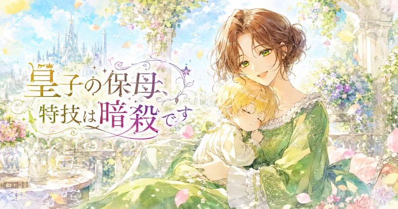 明るい花々に囲まれた庭園で、緑のドレスを着た茶髪の保母が優しく微笑み、眠る金髪の皇子を抱く水彩画風イラスト。左側に『皇子の保母、特技は暗殺です』のタイトル文字。