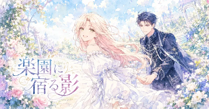 明るい青空と花に囲まれたパステル調の庭園で、白いフリルのドレスを着た淡いピンクブロンドの長髪の少女が、濃紺の豪華な衣装をまとった青年の手を引きながら振り返り、明るく微笑んでいる。青年も優しく笑いながら少女を見つめ、二人の髪や衣装、花びらが風に舞う。左側には水彩風の大きな文字で「楽園に宿る影」と入っており、爽やかで前向きな雰囲気の横長アイキャッチイラスト。