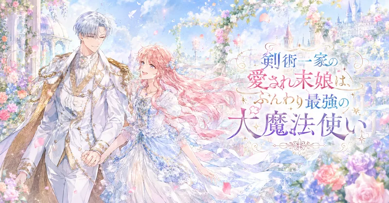 淡い水彩タッチの横長アイキャッチイラスト。花びらが舞う明るい庭園テラスで、銀青色の髪の青年と、長いピンク髪の少女が手をつないで微笑み合っている。青年は白と金を基調にした王子風の礼装をまとい、少女は白と淡い青のふんわりしたドレス姿。背景にはパステルカラーの花々、青空、城の塔、きらめく魔法の光が広がり、爽やかで前向きなファンタジー感がある。右側には「剣術一家の愛され末娘は、ふんわり最強の大魔法使い」というタイトル文字が優雅に配置されている。