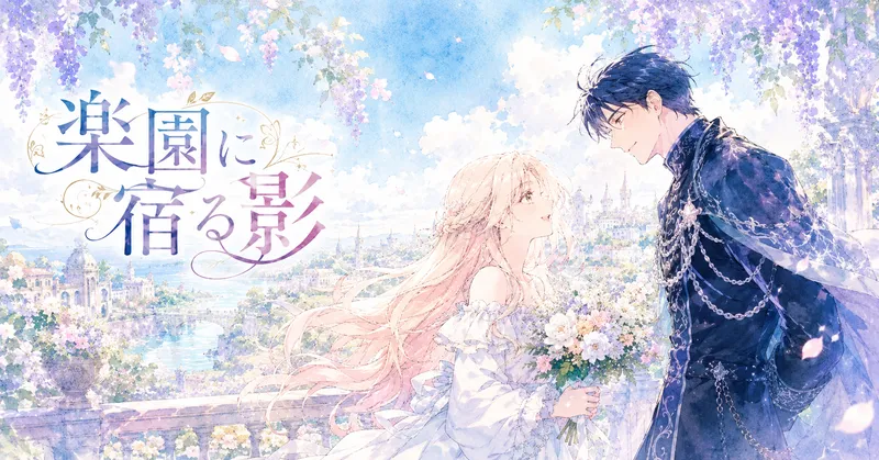 空と遠くの街並みが広がる明るいテラスで、白いドレス姿の少女が花束を抱え、濃紺の華やかな衣装をまとった青年を見上げて明るく微笑んでいる。青年は少女に向かって少し身をかがめ、穏やかな笑顔を返している。上部には藤の花のような淡い紫の花が垂れ、左側には大きく「楽園に宿る影」の文字が入った、開放感のある水彩タッチの横長アイキャッチイラスト。