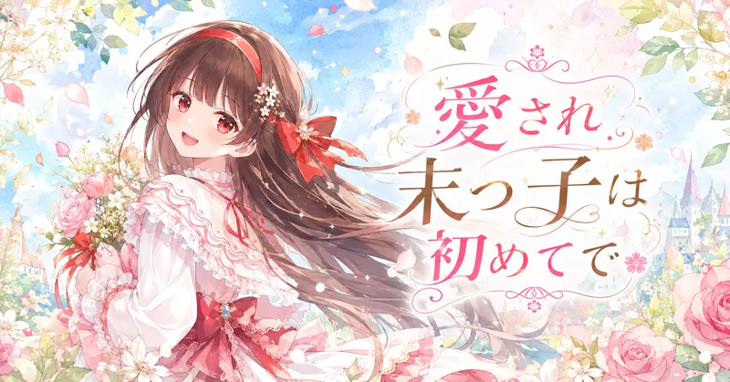 笑顔のアナスタシアが花束を手に立つ、『愛され末っ子は初めてで』の水彩風アイキャッチイラスト。赤いリボンとピンクのフリル衣装、明るい花々の背景が印象的なアイキャッチ。
