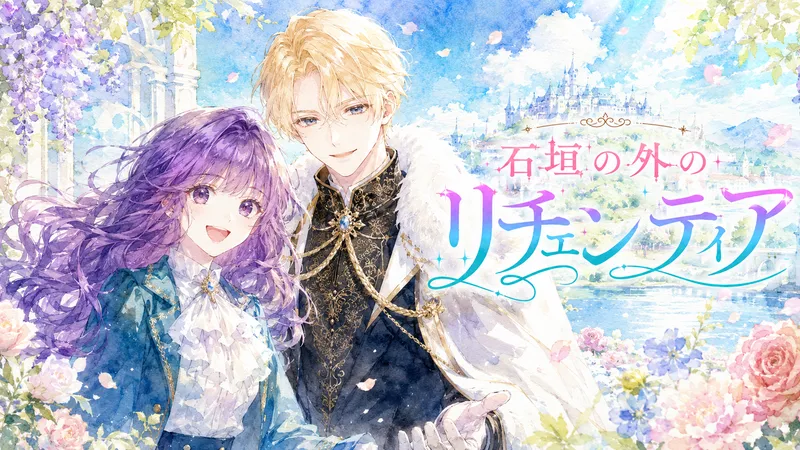『石垣の外のリチェンティア』のアイキャッチ。紫色の長い髪の女性と金髪の男性が、花と城を背景に笑顔で寄り添う水彩画風イラスト。