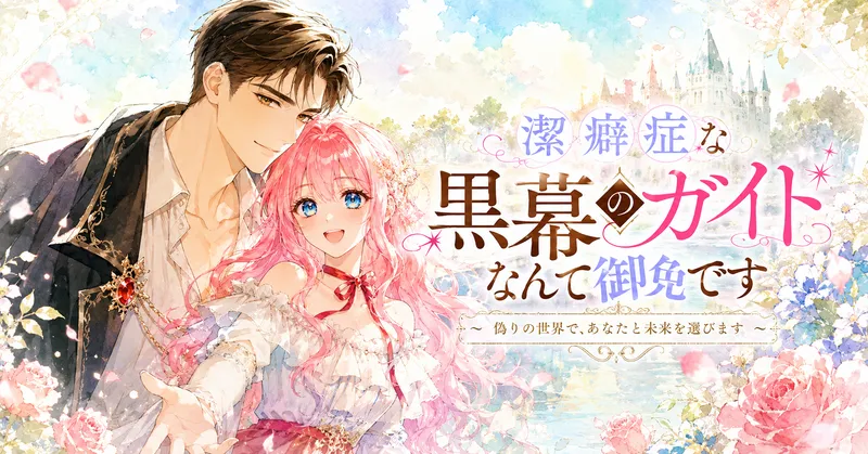 『潔癖症な黒幕のガイドなんて御免です』の黒髪の男性とピンク髪のヒロインが、花と城に囲まれて微笑むファンタジー風アイキャッチ画像