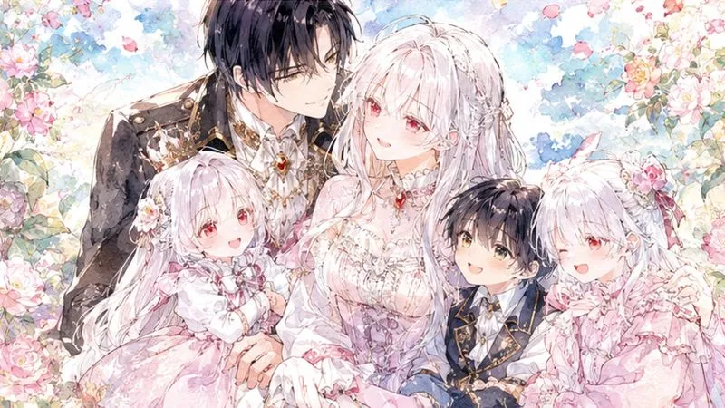 花咲く庭園で子どもたちに囲まれ、幸せそうに寄り添うリルローズとエドマンドの水彩風イラスト