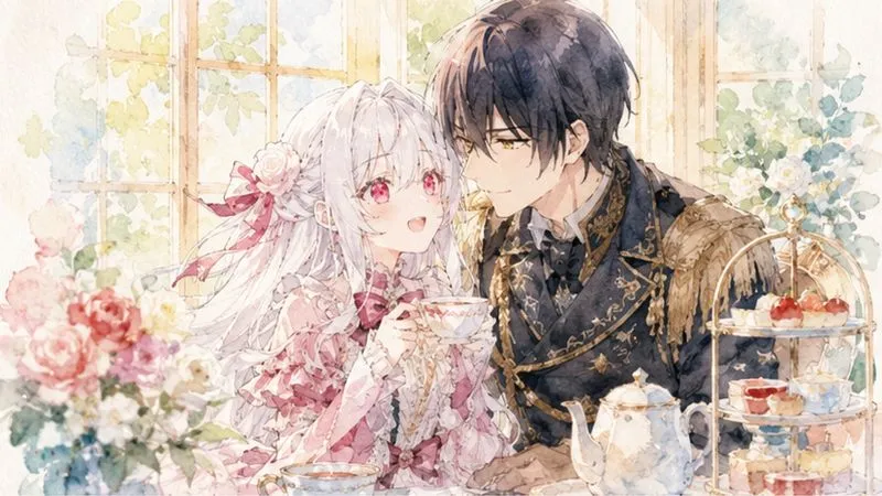 リルローズとエドマンドが花に囲まれた明るい部屋でお茶を楽しみ、寄り添って微笑む水彩風イラスト
