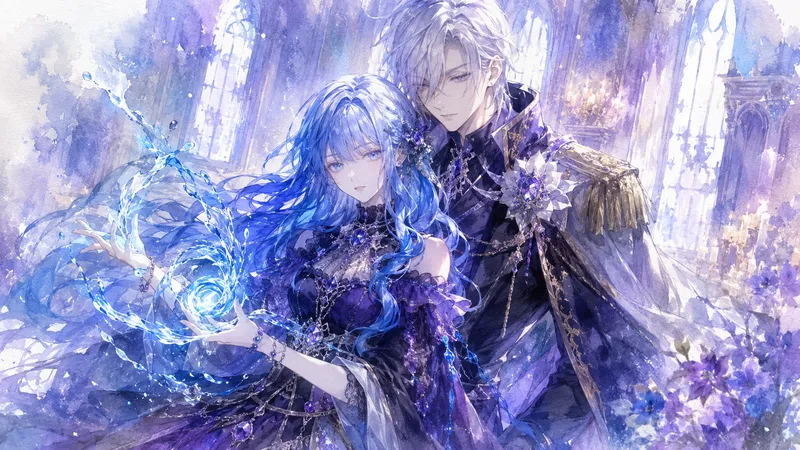 『私を殺した貴方へ』で水魔法を操る青髪のルカと背後に立つ銀髪のゼス