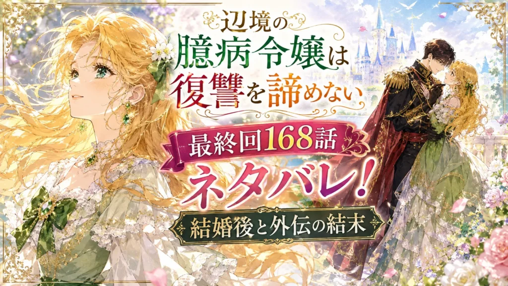 『辺境の臆病令嬢は復讐を諦めない』最終回168話のネタバレと結婚後、外伝の結末を解説するアイキャッチ。金髪のソフィアと黒髪のロバートが城を背景に寄り添う華やかな水彩風イラスト