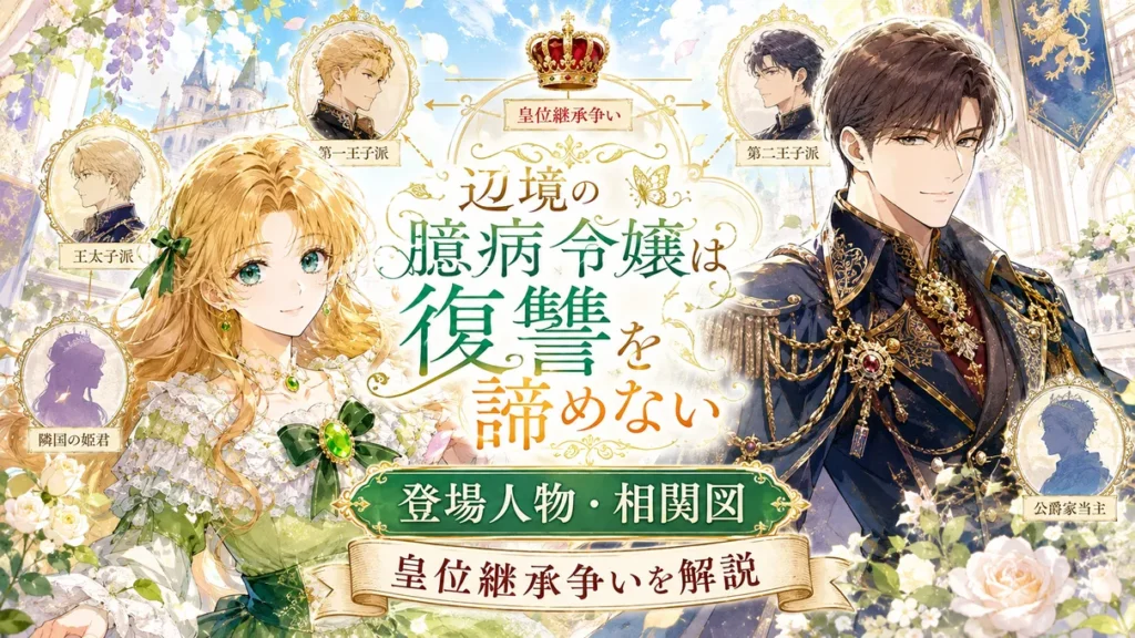『辺境の臆病令嬢は復讐を諦めない』の登場人物・相関図と皇位継承争いを解説するアイキャッチ。金髪のソフィアと黒髪のロバートを中心に、周囲に主要人物の関係性を配置した華やかな水彩風イラスト
