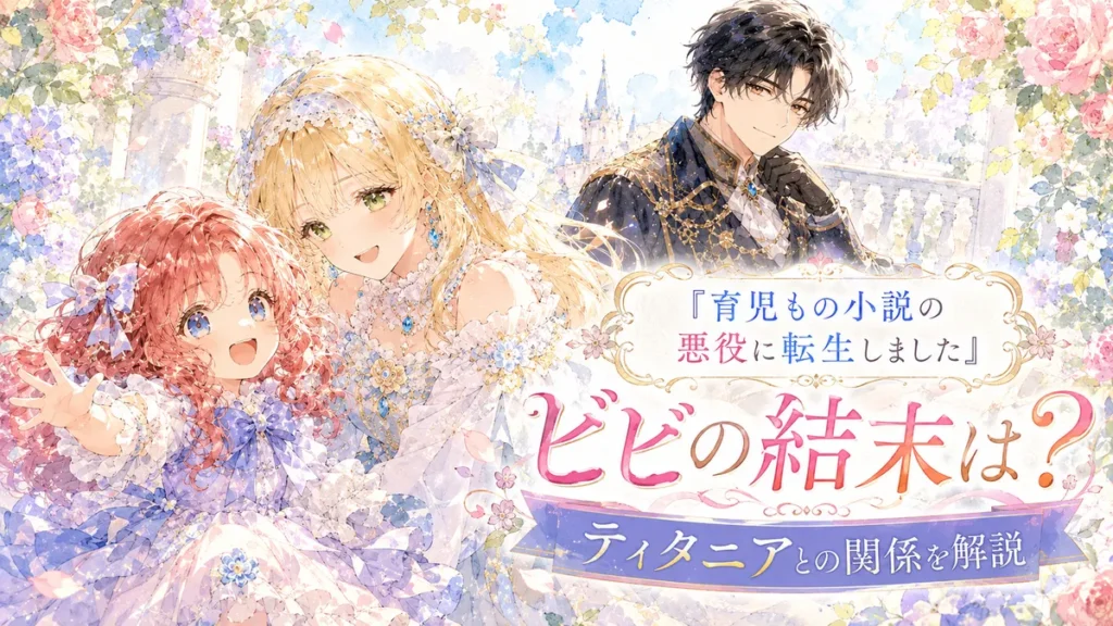 『育児もの小説の悪役に転生しました』ビビの結末とティタニアとの関係をテーマにしたアイキャッチ。ピンク髪の少女、金髪の女性、黒髪の男性を描いた明るい水彩風イラスト