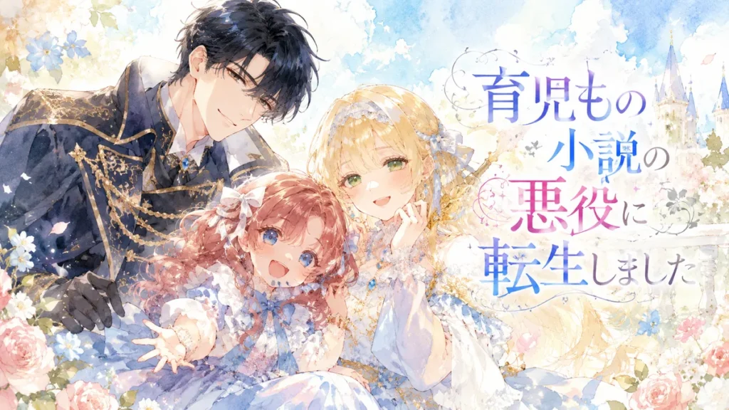 『育児もの小説の悪役に転生しました』のアイキャッチ。黒髪の男性、金髪の女性、ピンク髪の少女が笑顔で寄り添う明るい水彩風イラスト