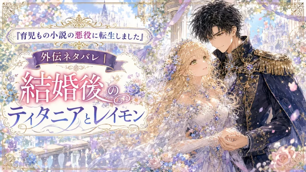 『育児もの小説の悪役に転生しました』外伝ネタバレ記事のアイキャッチ。結婚後のティタニアとレイモンが寄り添う、華やかな水彩風イラスト