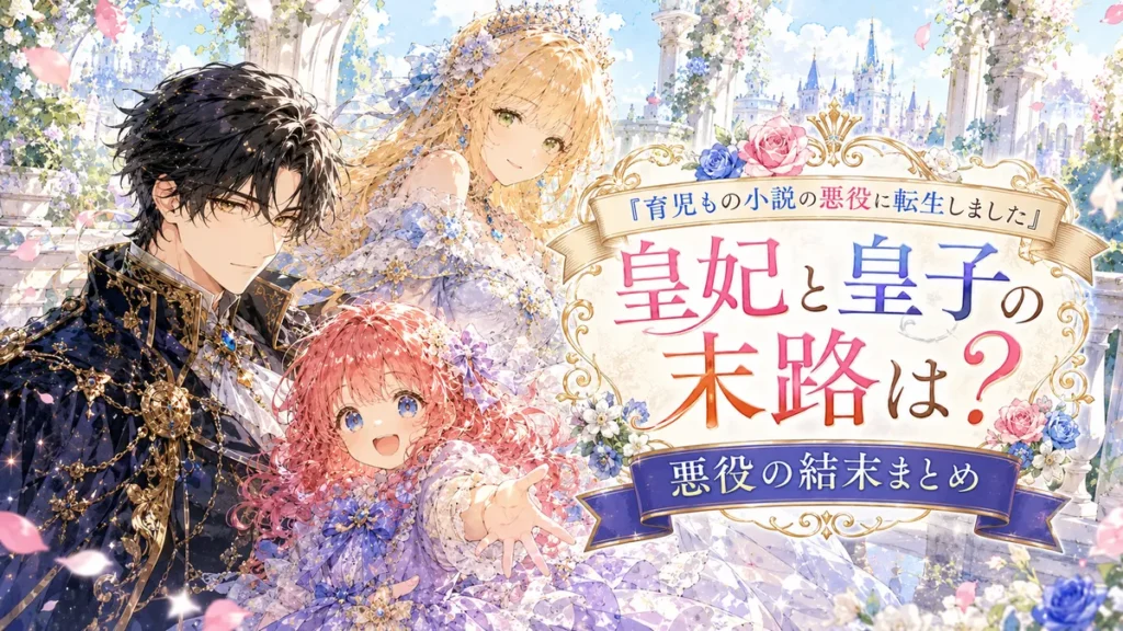 『育児もの小説の悪役に転生しました』皇妃と皇子の末路や悪役の結末をまとめたアイキャッチ。黒髪の男性、金髪の女性、ピンク髪の少女が描かれた明るい水彩風イラスト