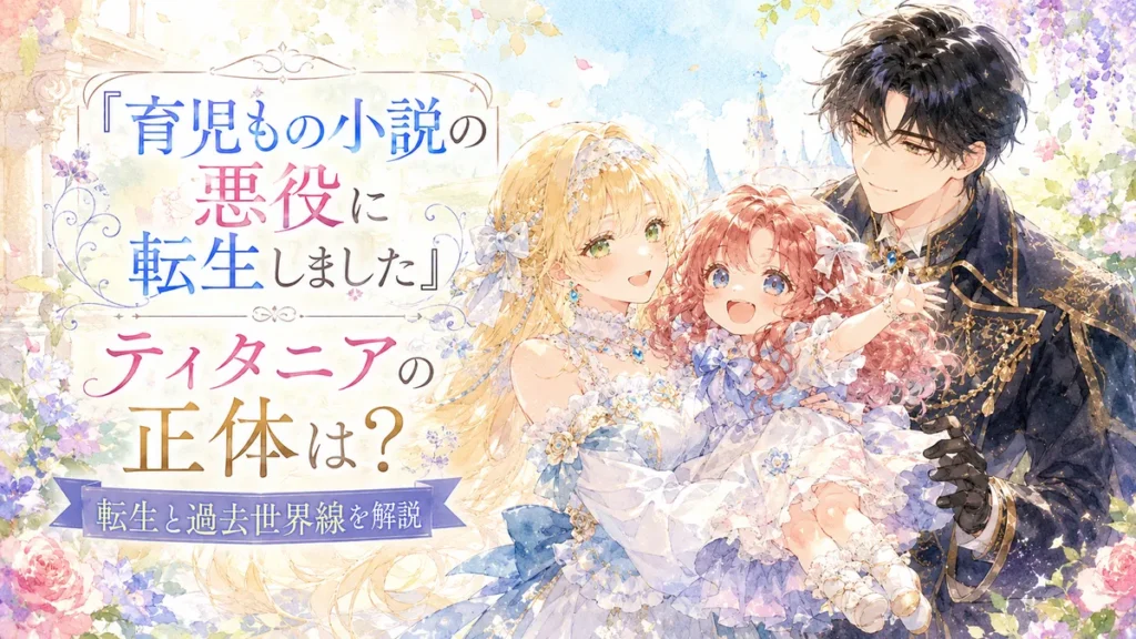 『育児もの小説の悪役に転生しました』ティタニアの正体をテーマに、金髪の女性とピンク髪の少女、黒髪の男性を描いた水彩風アイキャッチ