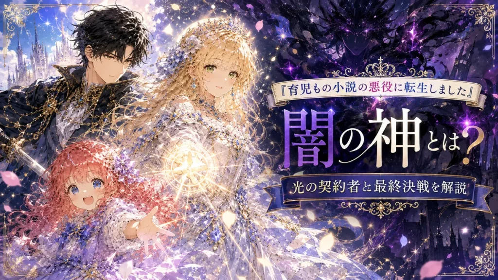 『育児もの小説の悪役に転生しました』闇の神の正体や光の契約者との最終決戦をテーマにしたアイキャッチ。黒髪の男性、金髪の女性、ピンク髪の少女が描かれた幻想的な水彩風イラスト