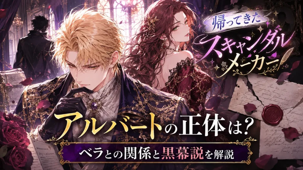 『帰ってきたスキャンダルメーカー』アルバートの正体やベラとの関係、黒幕説を解説する記事のアイキャッチ画像。金髪のアルバートが思案するような表情を見せ、背後にベラらしき女性や手紙が描かれた、陰謀と秘密を感じさせるネタバレ用イラスト。