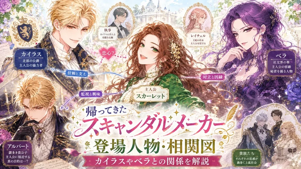 『帰ってきたスキャンダルメーカー』の登場人物と相関図を解説する記事のアイキャッチ画像。主人公スカーレットを中心に、カイラス、ベラ、アルバートなど主要キャラクターが描かれ、それぞれの関係性が分かる華やかな相関図風イラスト。