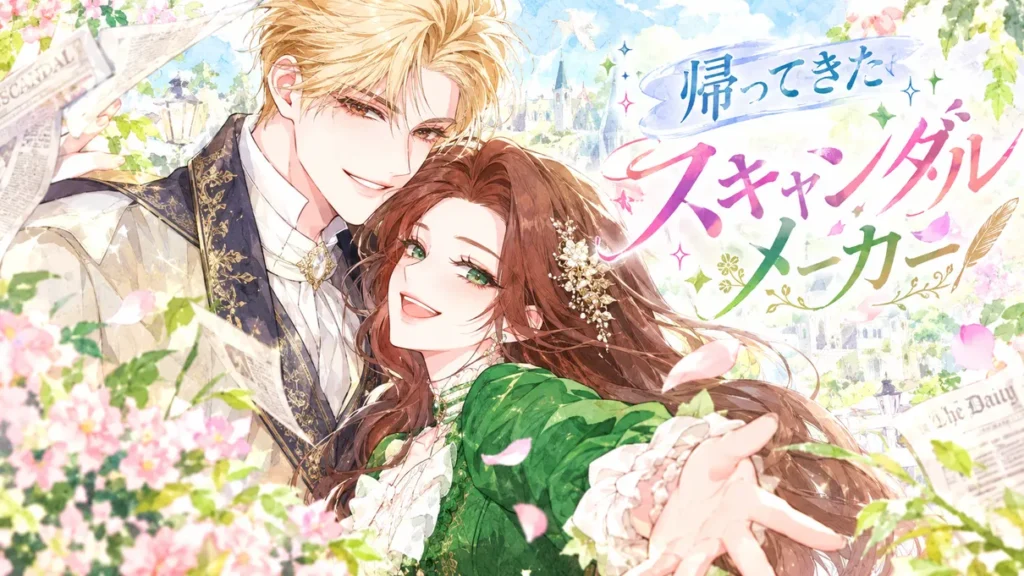 『帰ってきたスキャンダルメーカー』のアイキャッチイラスト。金髪の男性と栗色の髪の女性が笑顔で寄り添い、花びらや新聞が舞う明るい庭園を水彩画タッチで描いたロマンスファンタジー風のビジュアル。
