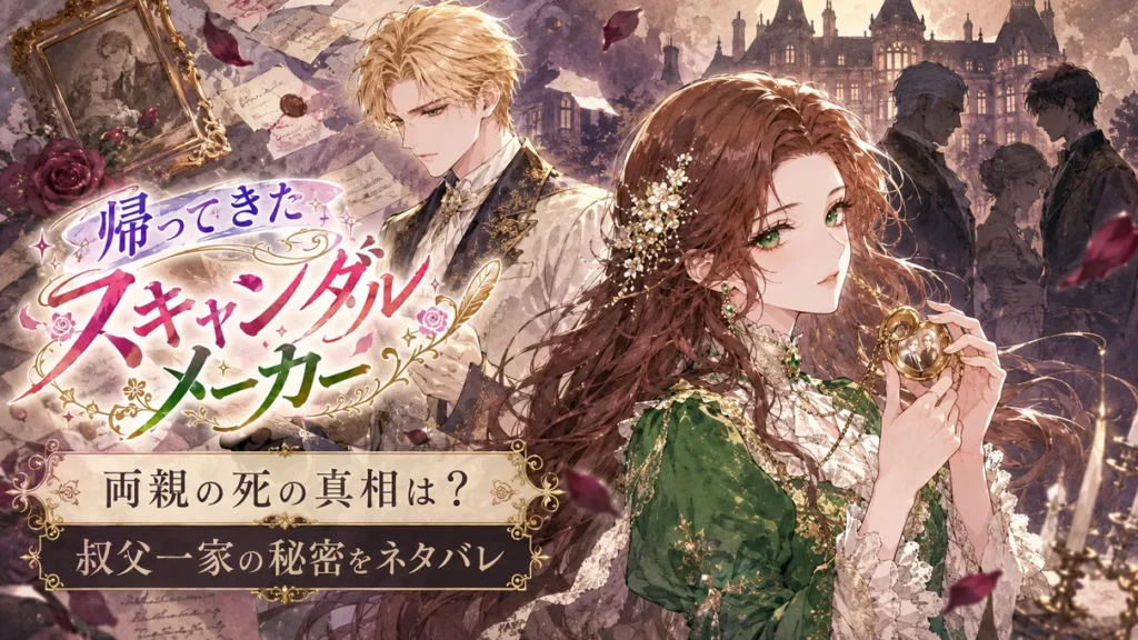 『帰ってきたスキャンダルメーカー』両親の死の真相と叔父一家の秘密をネタバレ解説する記事のアイキャッチ画像。栗色の髪の女性がロケットペンダントを手にし、背後に金髪の男性や不穏な人物の影、屋敷や手紙が描かれたミステリアスなイラスト。