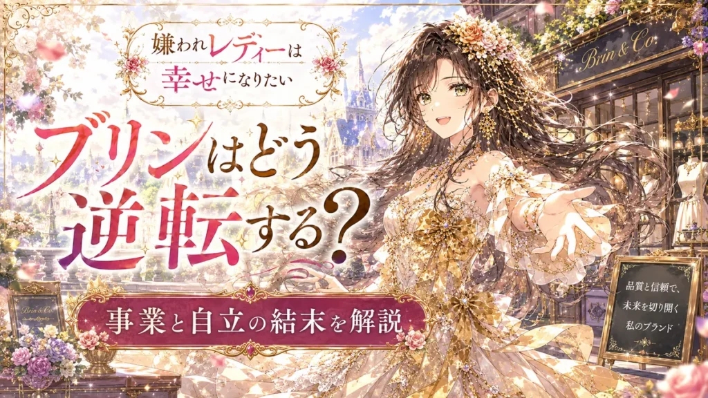『嫌われレディーは幸せになりたい』華やかな店を背景に黒髪のブリンが微笑む、事業の成功と自立による逆転の結末を描いたアイキャッチ