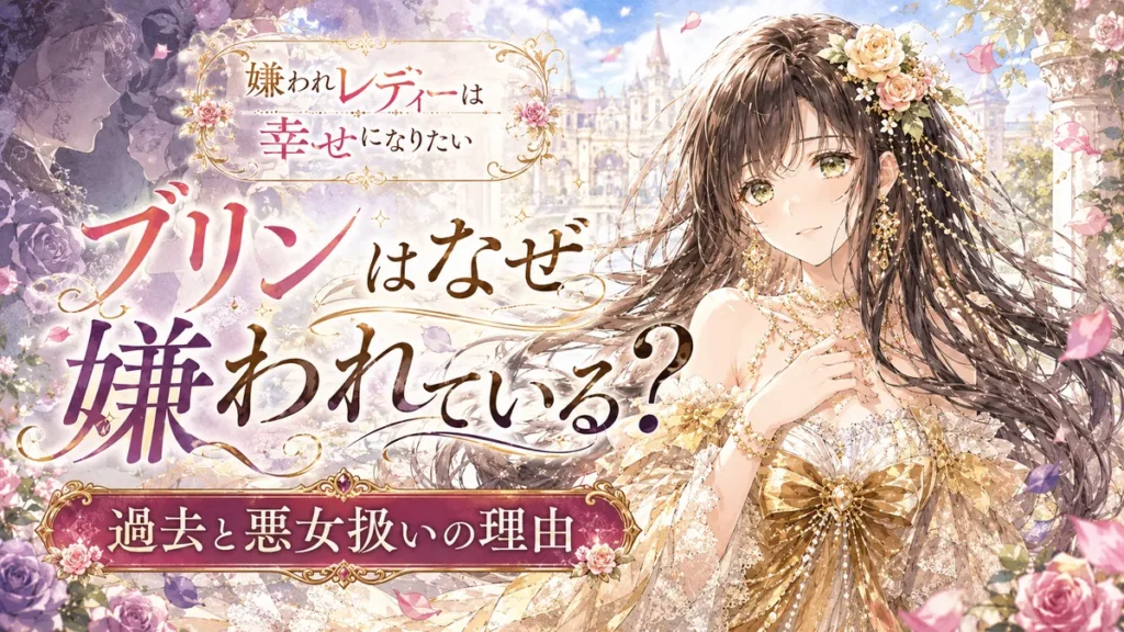 『嫌われレディーは幸せになりたい』黒髪のブリンが宮廷の花園で佇む、嫌われる理由と過去・悪女扱いの真相をテーマにしたアイキャッチ