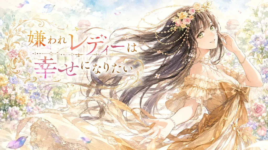 『嫌われレディーは幸せになりたい』黒髪の令嬢が花に囲まれて微笑む水彩風アイキャッチイラスト