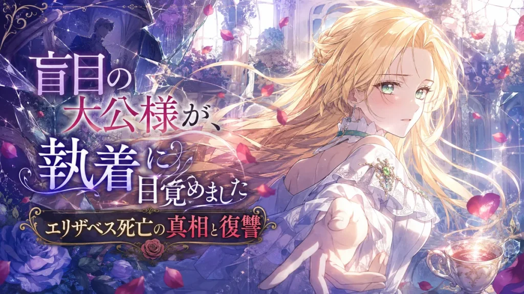 『盲目の大公様が、執着に目覚めました』エリザベス死亡の真相と復讐。割れた鏡と舞う薔薇の花びらを背景に、金髪のエリザベスが決意の表情で手を差し伸べる幻想的なイラスト