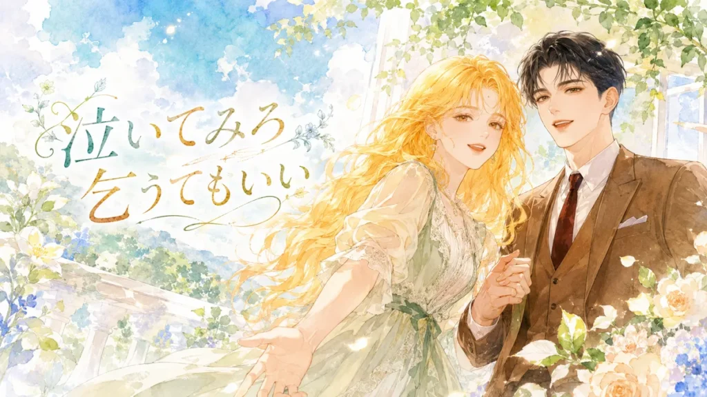 『泣いてみろ乞うてもいい』の金髪女性と黒髪男性が、花咲く明るい庭園で手を取り合い微笑む水彩タッチのイラスト