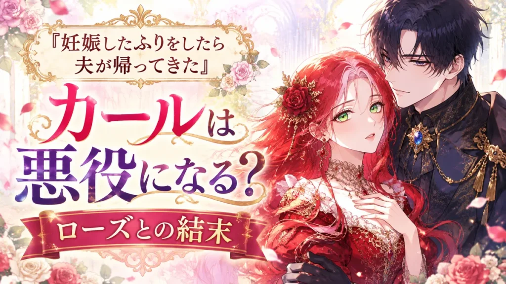 『妊娠したふりをしたら夫が帰ってきた』カールは悪役になるのか、ローズとの結末を解説する記事のアイキャッチ。赤髪のローズと黒髪のカールが寄り添うロマンチックなイラスト