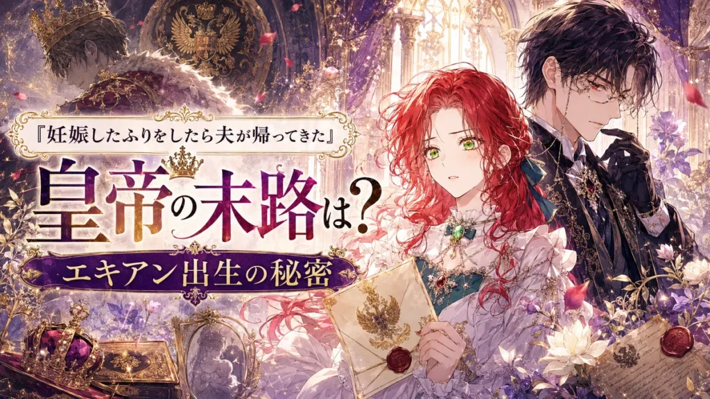 『妊娠したふりをしたら夫が帰ってきた』皇帝の末路とエキアン出生の秘密を解説する記事のアイキャッチ。皇帝の肖像を背景に、密書を持つ赤髪のヒロインと眼鏡姿のエキアンを描いたイラスト